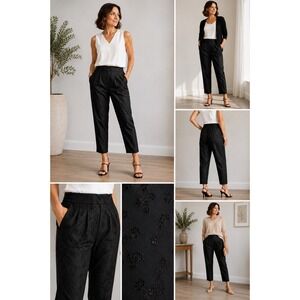 Sutton Studio Womens 8P Black 100% Silk Floral Eyelet Straight Leg Pants Petite